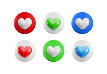 Vector cartoon minimal 3d color button with heart icon set. Realistic render circle like red, white, green, blue button sign, favorites symbol, love comment in social media, like counter concept.