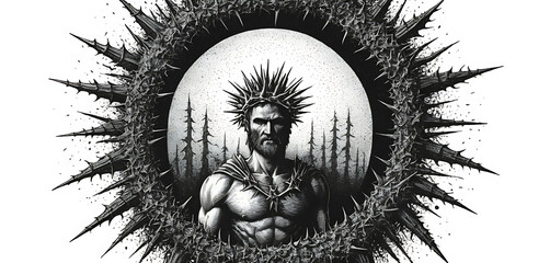 Thorny halo in stipple style with photocopy grime and rebellious contrast
