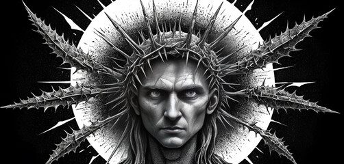 Thorny halo in stipple style with photocopy grime and rebellious contrast
