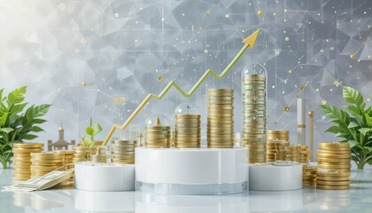 growth money isolated on transparent 3d podium background with wealth financial business success finance graph stock profit investment chart.