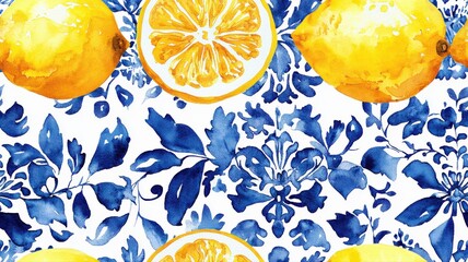 Seamless watercolor pattern with lemons and blue leaves on white background. Bright citrus texture for packaging, textile, and summer design.
