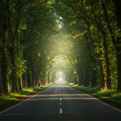 Obraz premium An empty road leads through a lush green tree tunnel towards a bright light. A powerful concept for a journey, the future, hope, and new beginnings. 