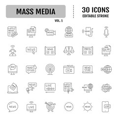 Mass media line icon set. Containing TV show, program, news, report, video, interview. Editable stroke. Vector illustration