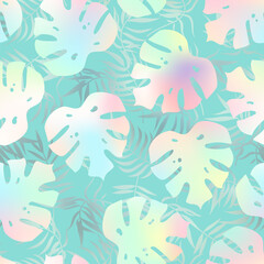 Abstract palm leaves seamless pattern. Vector holographic foil gradient tropical leaf print on turquoise background for fabric, summer decor, wrapping paper, backdrop, wallpapers.