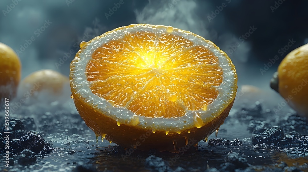 Poster glowing lemon halve in a surreal moody setting