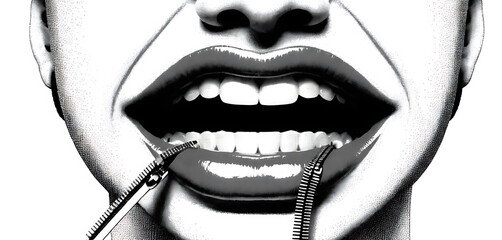 Zipper mouth illustration with photocopied halftone static.
