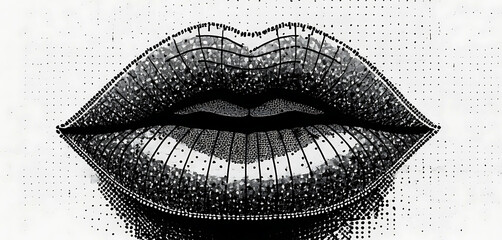 Stitched lips illustration in photocopy grunge and halftone overlay.
