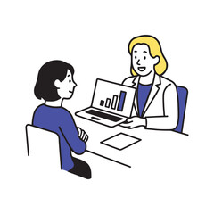 Minimalist office discussion: two colleagues reviewing data on laptop.