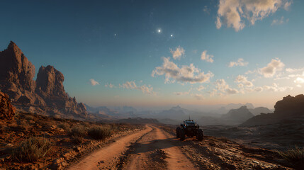 Robotic rover navigating alien desert rocky surface with dramatic horizon and distant stars in cosmic landscape
