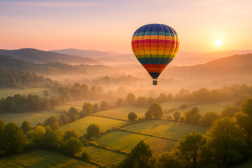 Fototapeta premium Colorful hot air balloon floating over misty landscape at sunrise