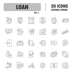Loan line icon set. Containing repayment, credit score, mortgage, refinancing, debt. Editable stroke. Vector illustration