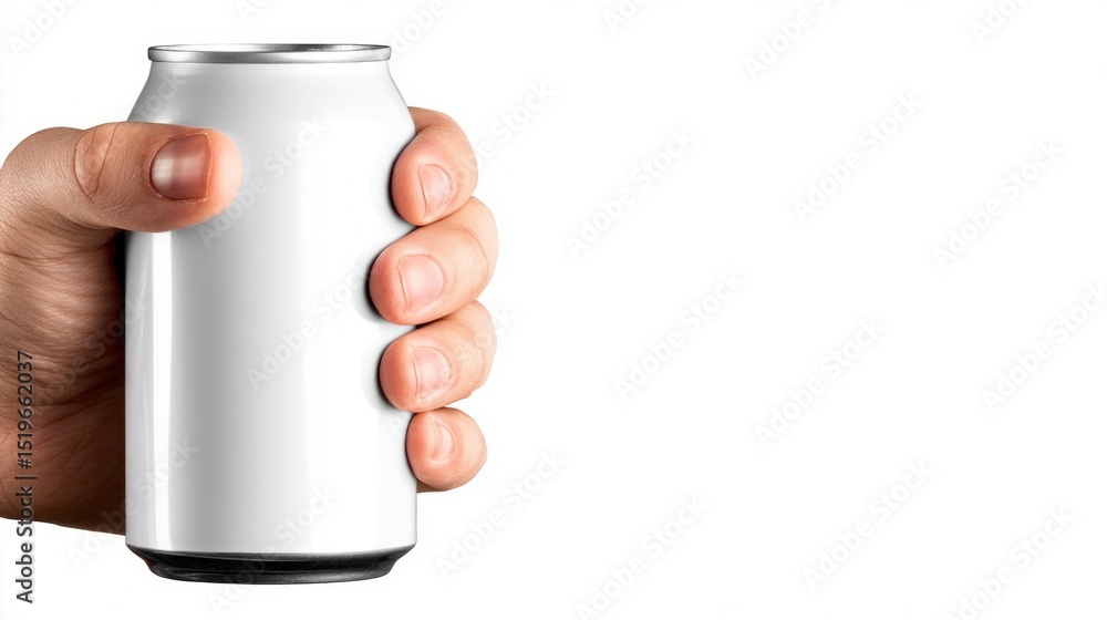 Aufkleber closeup view of a hand holding a plain white beverage can in a neutral setting, highlighting texture