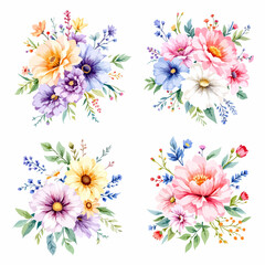 Set Watercolor bouquet colorful flowers on white background, Watercolor bouquet