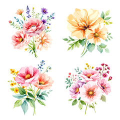 Set watercolor bouquet abstract flowers on white background