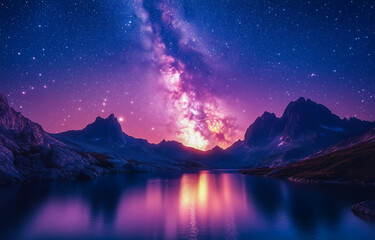 Majestic night sky reflecting on tranquil mountain lake