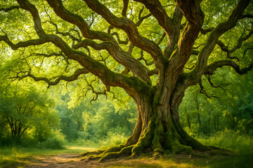 Fototapeta premium Majestic tree with intricate branches in serene forest setting