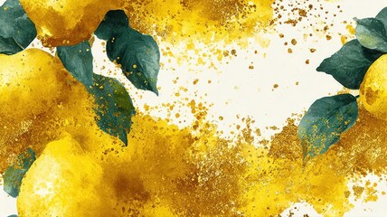 Elegant lemon composition with watercolor splashes and gold texture. Modern fruit seamless background for packaging, labels, and botanical design.