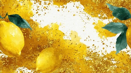 Elegant lemon composition with watercolor splashes and gold texture. Modern fruit seamless background for packaging, labels, and botanical design.