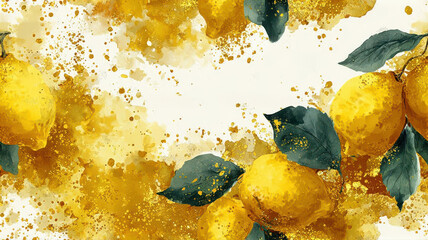 Elegant lemon composition with watercolor splashes and gold texture. Modern fruit seamless background for packaging, labels, and botanical design.