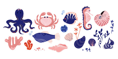 Sea animals and ocean elements Vector collection including octopus, crab, fish, seahorse, coral, shells, and seaweed. Ocean Life Flat Design Set.Underwater design Elements isolated on white background