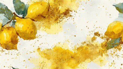 Elegant lemon composition with watercolor splashes and gold texture. Modern fruit seamless background for packaging, labels, and botanical design.