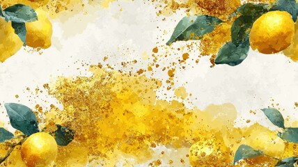 Elegant lemon composition with watercolor splashes and gold texture. Modern fruit seamless background for packaging, labels, and botanical design.