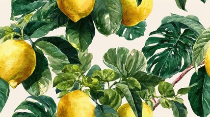 Seamless tropical pattern with watercolor lemons and monstera leaves. Exotic fruit background for packaging, textile, and summer design.