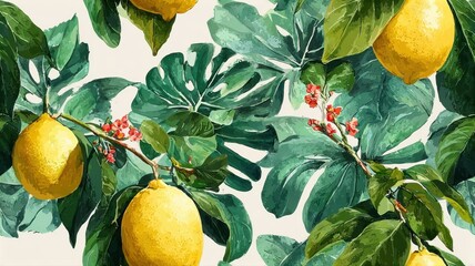 Seamless tropical pattern with watercolor lemons and monstera leaves. Exotic fruit background for packaging, textile, and summer design.