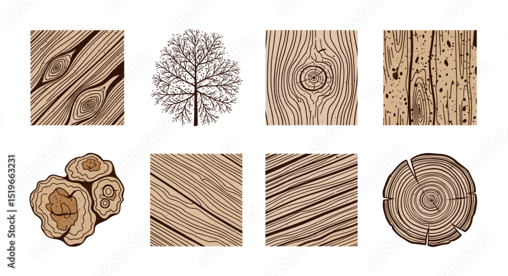 Poster collection of wood grain patterns including tree trunk cross sections and a bare tree silhouette dra