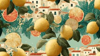 Decorative pattern with lemons, grapefruit, and Mediterranean village. Vintage citrus composition for packaging, textile, and summer design.
