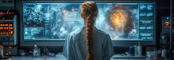 Scientist analyzing cosmic data on a futuristic monitor display