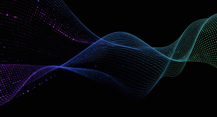 Modern abstract design featuring blue and purple waves with a network of dots and lines on a black background, Generative AI.