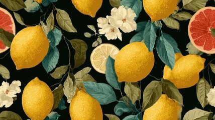Seamless botanical pattern with realistic lemons, red flowers, and green leaves on colorful background. Mediterranean fruit design for textile, packaging, and summer decor.