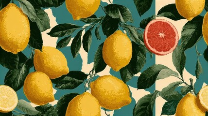 Seamless botanical pattern with realistic lemons, red flowers, and green leaves on colorful background. Mediterranean fruit design for textile, packaging, and summer decor.