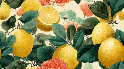 Seamless pattern with whole lemons, citrus slices, and green leaves on textured background. Vibrant fruit design for packaging, textile, and summer decor.