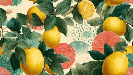 Seamless pattern with whole lemons, citrus slices, and green leaves on textured background. Vibrant fruit design for packaging, textile, and summer decor.