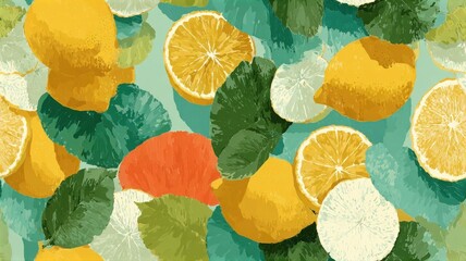 Seamless pattern with whole lemons, citrus slices, and green leaves on textured background. Vibrant fruit design for packaging, textile, and summer decor.