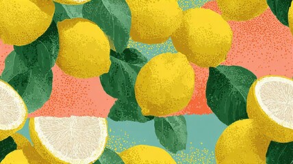 Seamless pattern with whole lemons, citrus slices, and green leaves on textured background. Vibrant fruit design for packaging, textile, and summer decor.