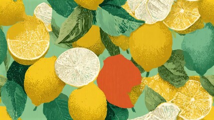Seamless pattern with whole lemons, citrus slices, and green leaves on textured background. Vibrant fruit design for packaging, textile, and summer decor.