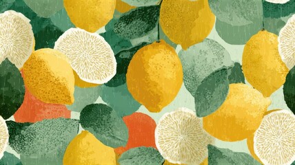 Seamless pattern with whole lemons, citrus slices, and green leaves on textured background. Vibrant fruit design for packaging, textile, and summer decor.