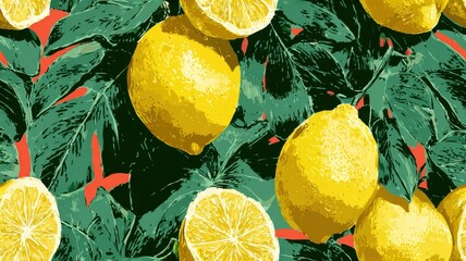 Seamless botanical pattern with realistic lemons, red flowers, and green leaves on colorful background. Mediterranean fruit design for textile, packaging, and summer decor.