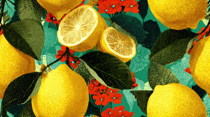Seamless botanical pattern with realistic lemons, red flowers, and green leaves on colorful background. Mediterranean fruit design for textile, packaging, and summer decor.