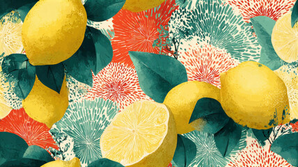 Seamless pattern with whole lemons, citrus slices, and green leaves on textured background. Vibrant fruit design for packaging, textile, and summer decor.