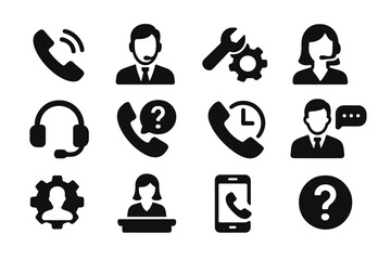 Collection of black and white customer service icons illustrating various support roles and communication tools used in assistance tasks