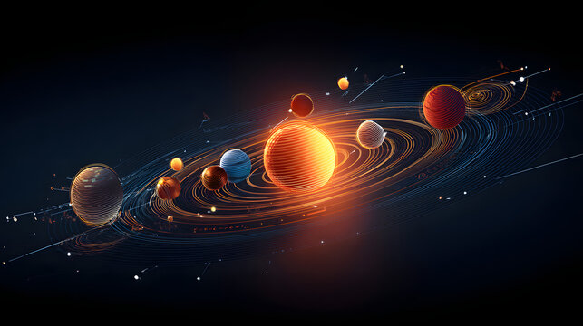 Stylized glowing solar system model showing planets orbiting sun on dark cosmic background
 - Powered by Adobe