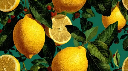 Seamless botanical pattern with realistic lemons, red flowers, and green leaves on colorful background. Mediterranean fruit design for textile, packaging, and summer decor.