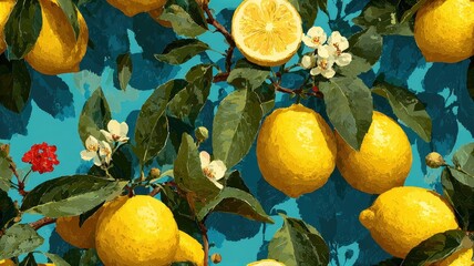 Seamless botanical pattern with realistic lemons, red flowers, and green leaves on colorful background. Mediterranean fruit design for textile, packaging, and summer decor.