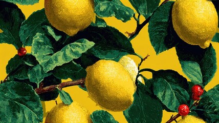 Seamless botanical pattern with realistic lemons, red flowers, and green leaves on colorful background. Mediterranean fruit design for textile, packaging, and summer decor.