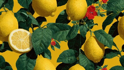 Seamless botanical pattern with realistic lemons, red flowers, and green leaves on colorful background. Mediterranean fruit design for textile, packaging, and summer decor.