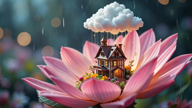 Tiny house with glowing windows nestled on giant pink lotus flower under floating rain cloud in dreamy light. Fantasy and whimsy atmosphere